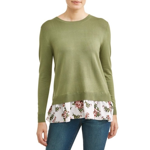 Time and Tru Tops - Time and Tru Split Back 2fer Mixed Media Sweater S